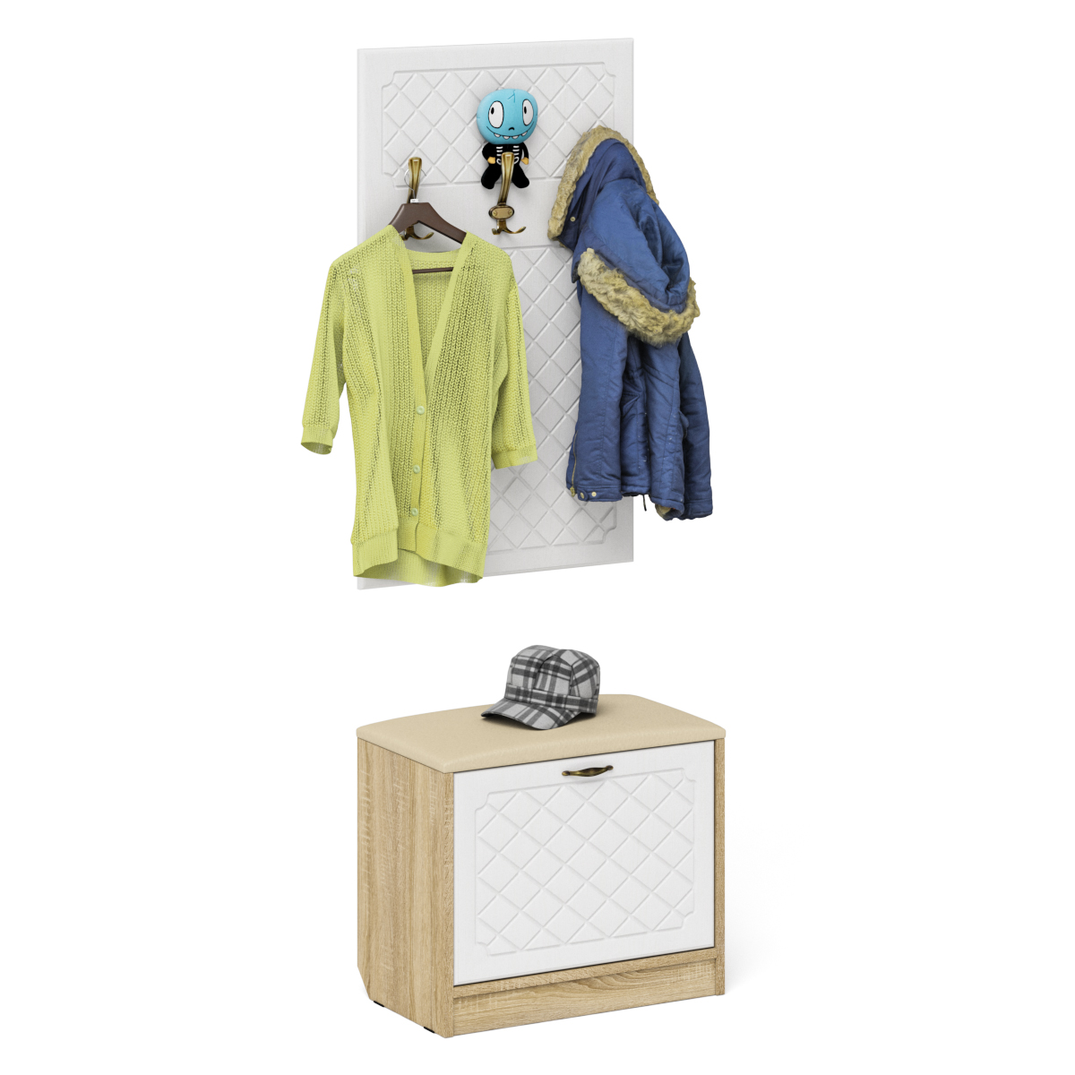 Тумба П-6+ Вешалка, цвет дуб сонома/фасады МДФ белое дерево фрезеровка ромб, ШхГхВ 60х35х200 см.